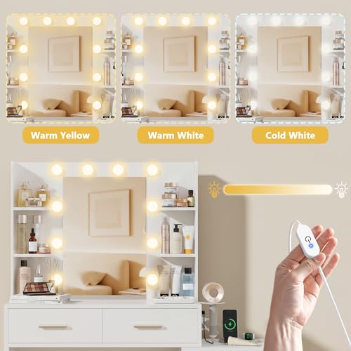 Image of Furmax Makeup Vanity Desk with Mirror and Power Outlet, Vanity with 3 Color Light Options Adjustable Brightness, Vanity Table with 5 Drawers, 6 Storage Shelves, Nightstands (White)
