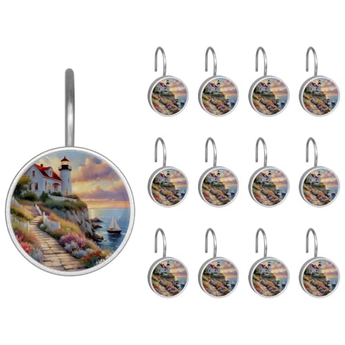 12 Pack Decorative Shower Curtain Hooks, Lighthouse Sea Flower Rust