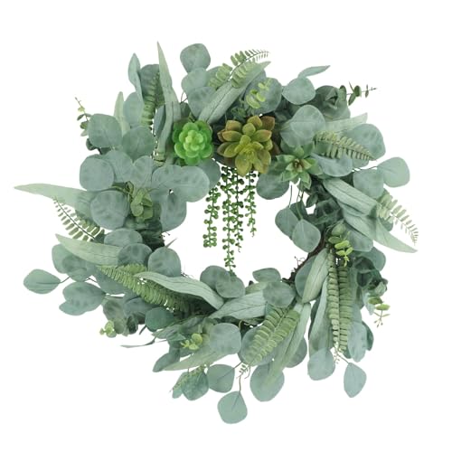 Hometrance FAUX EUCALYPTUS WREATH Green Eucalyptus Leaf Wreaths For Front Door, 20-22 Inch Artificial Greenery Wreath With Ferns & Succulents cover