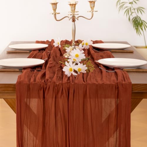 Socomi Thanksgiving Fall Table Runner Terracotta Cheesecloth Gauze Burnt Orange Boho Rustic Farmhouse 120 inch 10FT Cheese Cloth Runner for Wedding Party Baby Shower Home Decor Holiday Decorations - Image 6