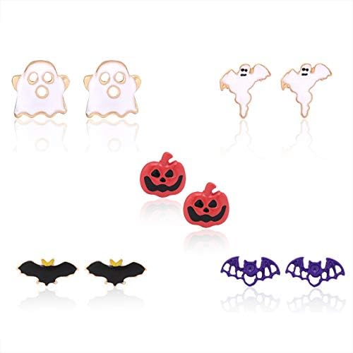 Halloween Earring Set 5 Pairs Stud Earrings Orange Pumpkin Bat Ghost Earrings For Women Girls (5 Pair)