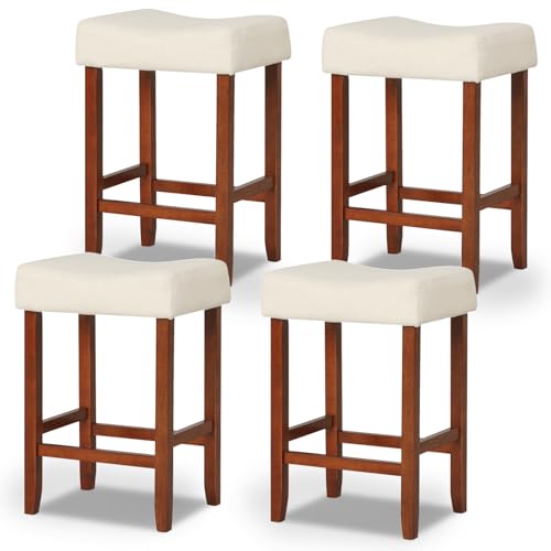 Image of COSTWAY Wooden Saddle Stools Set of 4, 25-inch Backless Counter Height Chairs with Rubber Wood Frame, Footrest, Max Load 330 Lbs, Upholstered Bar Stools for Kitchen Island, Light Beige+Brown