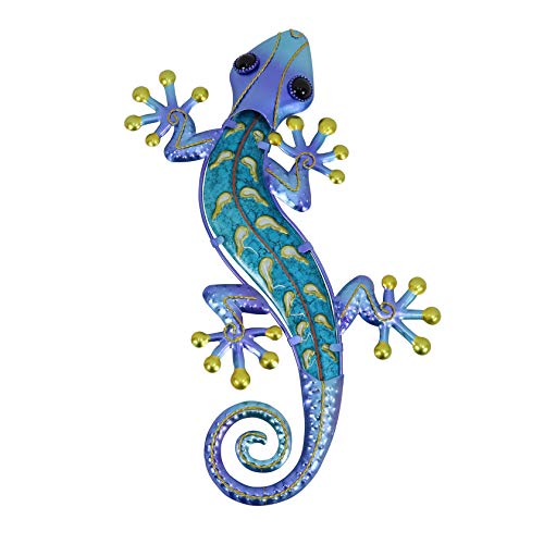 HONGLAND Gecko arte de pared colgante de lagarto metal decoración de pared escultura vidrio decoración del hogar para jardín, cerca, patio, sala de estar 15 pulgadas (azul)