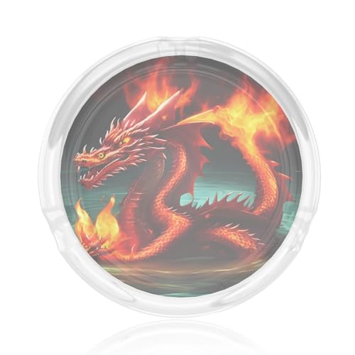 Cendrier rond en verre Roi Dragon en feu, un accessoire élégant, durable et élégant pour la maison ou le bureau.