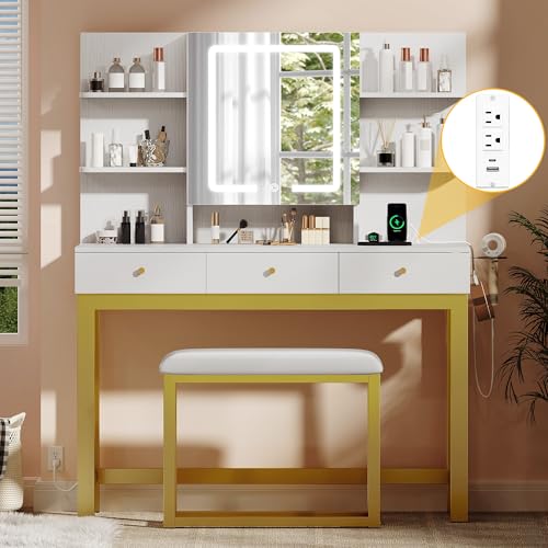 DWVO Vanity Desk with Mirror & Power Outlet, Hidden Storage Shelves, 3 Drawers, Adjustable 3 Lights Modes, Dressing Table Set with Chair, Makeup Table with Stool, White Upgraded Vanity for Bedroom