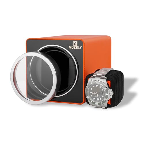 MOZSLY Watch Winder for Automatic Watches with 12 Rotation Mode Setting for Rolex Fit Man Women Automatic Watch Orange Leather