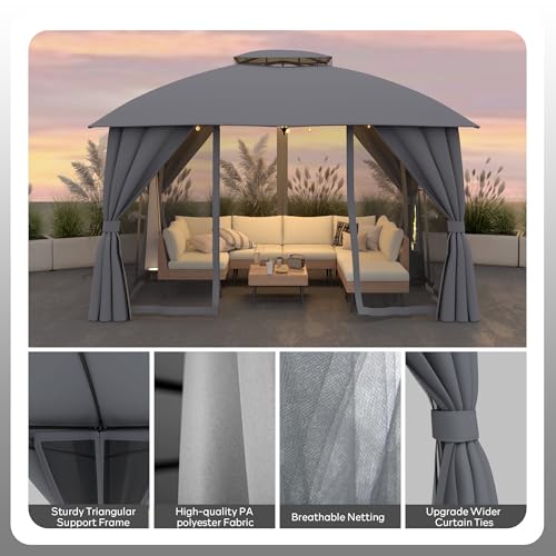 Rotihom Gazebo 10x12 with Mosquito Netting & Privacy Screens. Double Roof Design Outdoor Gazebo with Trapezoidal Support System for Patio, Deck, Backyard, Garden & Lawns