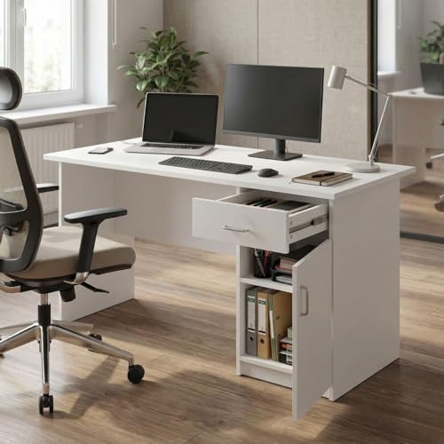 Image of Study Table for Home Wooden Computer Table - Study Desk for Students & Adults, Writing Table, Laptop Desk, Office Work Table for Home, White Finish DIY Assembly