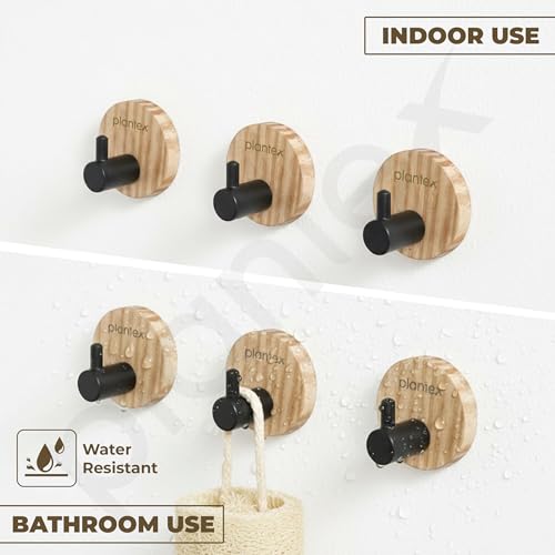 Image of Plantex Round Self Adhesive Robe Hooks for Kitchen /Wooden Wall Hanging Hook for Bathroom /Bath Towel Hook /Stylish Home Decor Items - Pack of 6 (Black Wooden)