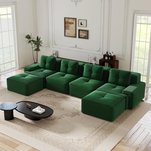 Image of 153 inch U-Shaped 4-Seater Modular Boneless Couch with 2 Ottomans, Premium Corduroy Upholstery, Deep Seat Cloud sectional Sofa, No Assembly Anti-Slip Design, Green