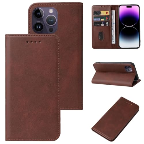 Coque iPhone 15 Pro marron à rabat pour travailler les mains libres