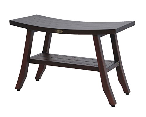 Decoteak Satori Shower Bench Teak Wood Shower Stool With Curved Seat And Shelf 28″ Wide Wooden Seat Shower Stool In Woodland Brown Finish #TOP5