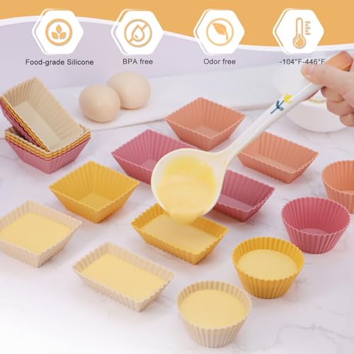 Image of 24Pack Silicone Muffin Cups, Reusable Cupcake Liners Molds for Baking, 3 Shapes Lunch Box Bento Dividers-Round, Square, and Rectangular (Orange Series, Regular Size)