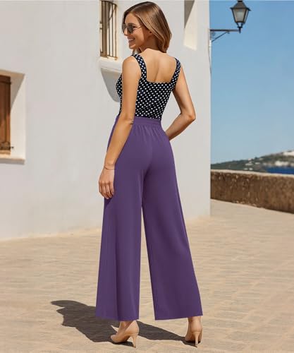 Womens Elastic High Waisted Wide Leg Pants Loose Casual Long Palazzo Trousers with Button Decor and Pockets3
