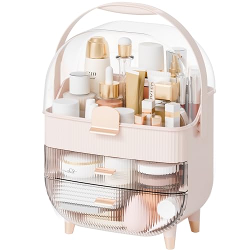 Yieach Organizador de maquillaje de encimera con tapa, organizadores grandes para el cuidado de la piel con 2 cajones, vitrinas de cosméticos a prueba de polvo para baño, tocador, loción, belleza