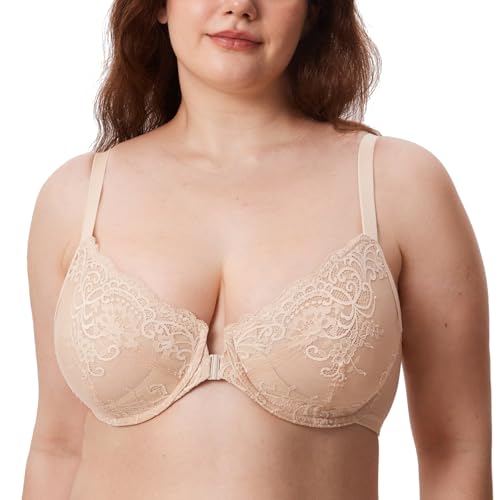 DELIMIRA Femme Soutien Gorge Fermeture Devant avec Armature Grande Taille Dentelle Non Rembourré Beige 90B