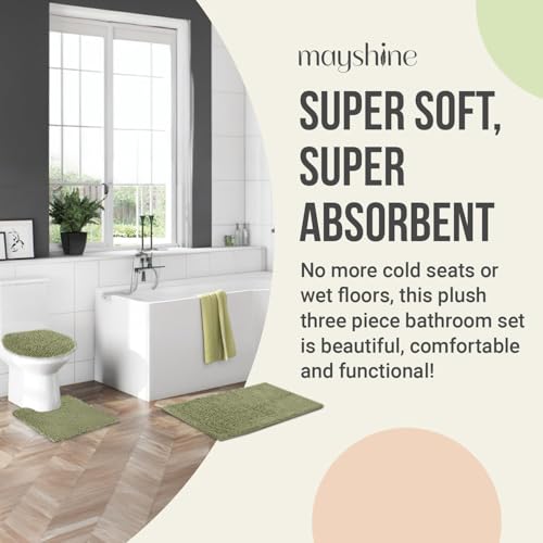 Image of Standard 3pc Set Chenille Bath Mats, Includes 21 inchx24 inch U-Shaped Contour Toilet Rug, 21 inchx34 inch Inches Bathmat and 1 Toilet Lid Cover, Plush Absorbent Bath Mats Quick Dry, Sage Green