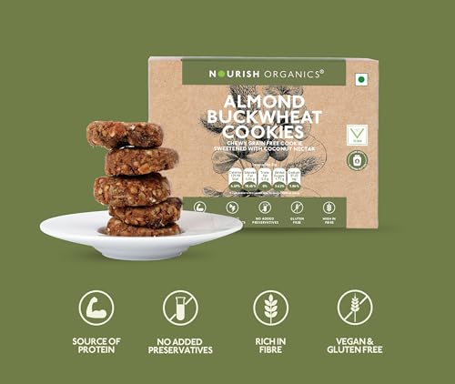Image of Nourish Organics Almond Buckwheat Cookies | Gluten-Free, High Fibre Cookies | Made with Buckwheat, Almonds & Seeds | No Refined Sugar | 120g (Pack of 2)