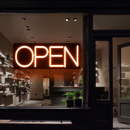 Image of Open Signs for Business 12V /2A Ultra Bright LED Neon Open Sign Lighted Open Sign Electric Light Up Open Sign for Business Storefront Window Glass Door Retail Shop Store Bar Salon Restaurant (Yellow, 32 Inch)