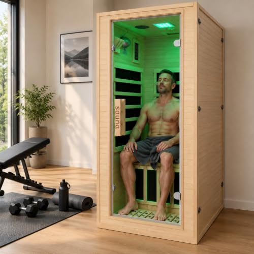 1 Personen Infrarotkabine aus kanadischem Hemlockholz, kompakte Heimsauna mit 1350 W und 5 Carbon-Heizplatten, bis 65 °C, LCD-Bedienfeld, Bluetooth-Lautsprecher, 7-Farben-Licht, 80 × 87 × 180 cm