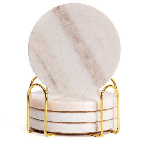 YONGHEE Creamy White Marble Coasters Set of 4 with Holder, Neutral Drink Coasters for Coffee Table, 4" Round Polished White Stone Coaster with Tan Veins โ Heat Resistant, Non-Slip, Housewarming Gift