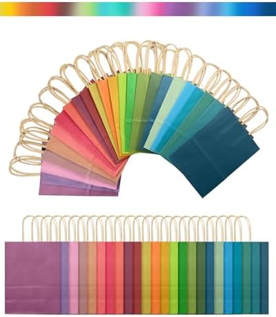 qiqee Small 24Pcs Paper Gift Bags with Handles - Kraft Colorful Party Bags - 24 Solid Colors(8.3"x6"x3.15")
