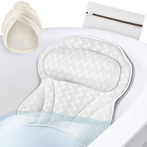 Luxury Bath Pillow & Spa Kit – 3.5 In. Thick, Ergonomic Bathtub Cushion for Neck & Stress Relief With Hair Towel & Laundry Bag – Nonslip, Machine-Washable Bathtub Pillow & Bath Accessories by Ayoshe