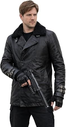 Mens RE9 Leon Kennedy Requiem Leather Jacket Faux Fur Collar | Double Breasted Coat Resident 9 Evil Cosplay
