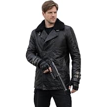 Mens RE9 Leon Kennedy Requiem Leather Jacket Faux Fur Collar | Double Breasted Coat Resident 9 Evil Cosplay