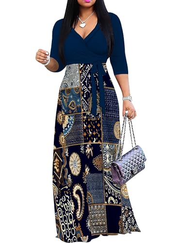 Image of PinkPatty Plus Size Maxi Dress for Women Casual V Neck 3 /4 Sleeve Boho Printed Long Dress with Pockets