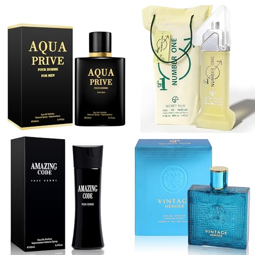 Mens Cologne Set, Eau de Parfum, 4 Pack (3.4 oz / 100 mL Each), AQUA, Vintage Heros, Amazing Code, Number One, Blue Office Rotation, for clean workdays and polished evenings
