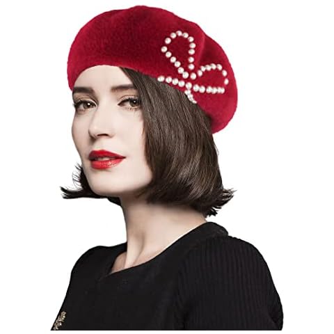 French Beret Hat, Lady Winter Fall Classic Beret Beanie Faux Mink Solid Color Hat, Red With Bow Cover