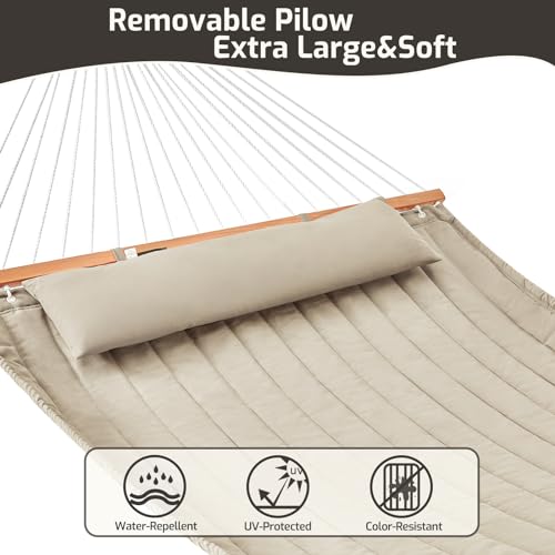 CHULIM Double Quilted Fabric Hammock with Hardwood Spreader Bars and Pillow 450 LBS Capacity 2 Person Large Hammock for Outdoor Patio Backyard Poolside - Tan by CHULIM - Image 4