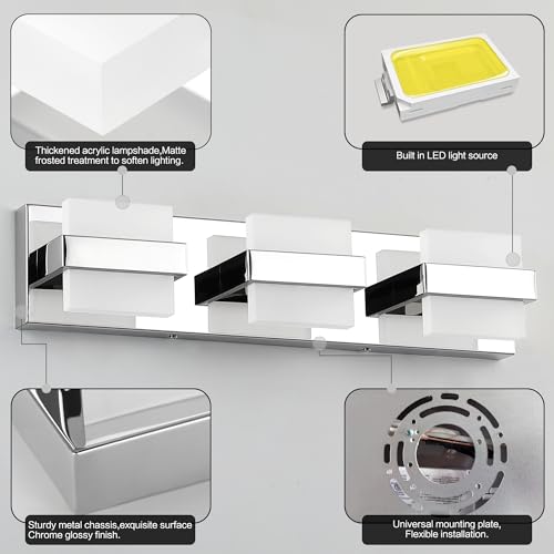 Image of SOLFART Modern LED Vanity Lights Chrome, Dimmable Bathroom Light Fixtures Over Mirror, 24W 1920 Lumens Minimalist High-End Wall Lights for Bathroom