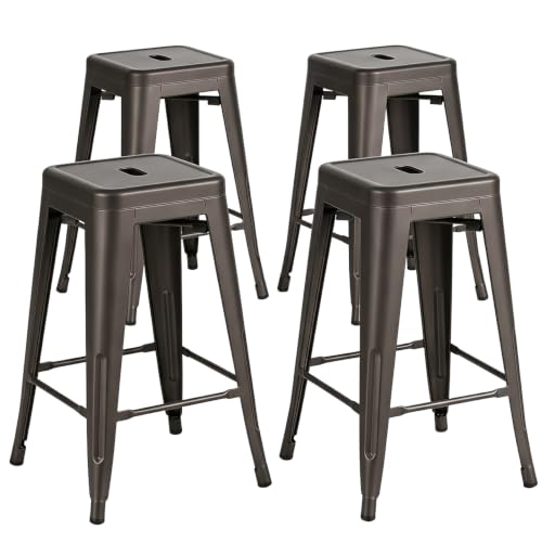 Image of FDW 24 inch Metal Counter Stools Set of 4, Stackable, Bronze | Heavy-duty steel frame | X-brace support | Stackable backless design | Kitchen island, patio and bar seating