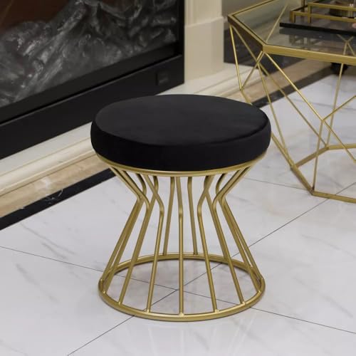 Image of Round Velvet Ottoman Seatting Stool Foot Rest Vanity Dressing Stool with Gold Metal Legs Modern Upholstered Footstool for Living Room Bedroom Home and Office Black