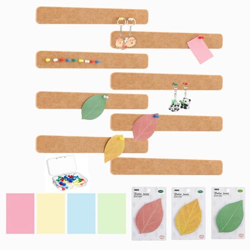 Candcamp 8 Pack Felt Pin Board Bar Strips Bulletin Board for Office Home Wall Decoration, Notice Board Self Adhesive Cork Board with 35 Push Pins 4 Sticky Notes, Memo Boards for Documents Schedules