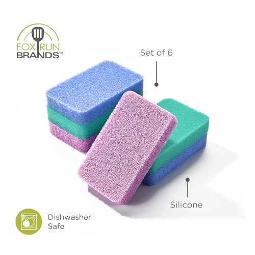 Image of Fox Run Silicone Dish Scrubbers, Set of 6 Multi-Purpose Reusable Cleaning Brushes, Safe for Non-Stick, Blue, Cyan, and Light Purple