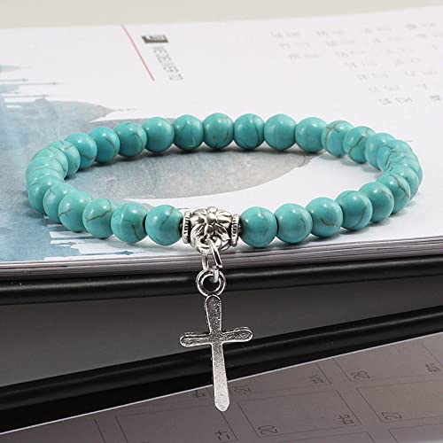 Bracelet en perles naturelles bleues et roche volcanique avec breloque croix de finition soignée