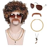 PIKBIU 70s Disco wig Afro Wig Men, 5Pcs Retro Short Curly Wig with Glasses Chain and Mustache Mens for Halloween Cosplay Hippies Rocker Party 80s Costumes Accessories
