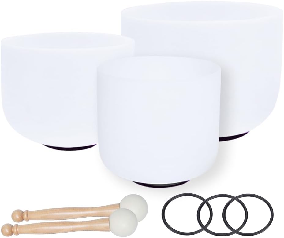 ENERGYSOUND Frosted Chakra set of 3PCS 12" C, 10" E 7" A Quartz Crystal Singing Bowl mallet and o-ring included