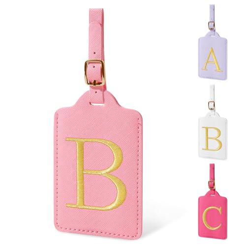 Personalized Initial Luggage Tags for Suitcase, Pink Leather Cute Luggage Tags with Privacy Cover Name Card, Embroidered Custom Monogrammed Luggage Tag Travel Bag Baggage Tags Gifts for Women Kids(B)