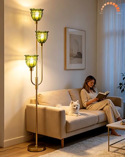 Image of Lightdot 66IN 3-Lights Modern Glass Floor Lamp Gold Dimmable Floor Lamps with 3000K Warm White Bulbs for Wedding Party Tall Standing Lamp with Green Glass Shade for Living Room /Bedroom /Home Decor