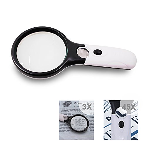 SourceTon Handheld Magnifier with 3 LED Light, 3X 45X Magnifying Glass Lens Jewelry Loupe, with High Clarity Lightweight Ideal for Reading, Crafts, Hobby, Black and White, Pack of 2 Pieces