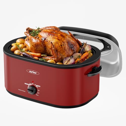 Image of Sunvivi Roaster Oven, Electric Roaster Pan with Lid 28QT for Large Turkey | Self-Basting & Glass Viewing Lid, Removable Pan, 150-450F Temp Control, for Baking Slow Cook Defrost Warm Turkey Up to 28lb