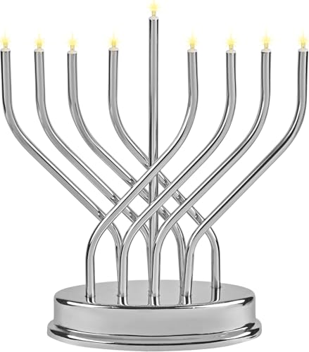 The Dreidel Company Hanukkah Silver Menorah Low Voltage Battery Powered Contemporary Metal Designed Menorah, LED Bulbs Electric, 10.6 Inches Tall