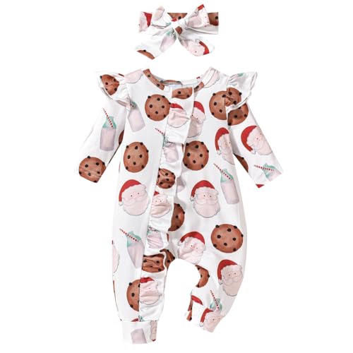 My First Christmas Baby Girl Outfit Fall Newborn Clothes Cute Infant Romper One Piece Jumpsuit Coming Home Outfits (A Cookie Santa White,0-3 Months)