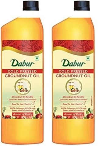 Image of Dabur Pure & Unrefined Cold Pressed Groundnut Oil | 1L (Pack of 2x1L ) | Naturally Cholesterol Free | 1L | Rich Aroma & Flavour of Authentic Groundnuts | Contains Natural Antioxidants | Finest Quality Groundnuts | Naturally Rich in Unsaturated Fats