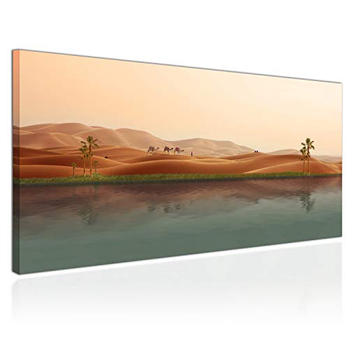 Topquadro Tableau XXL, Impression sur Toile 100x50cm, Oasis dans Le Désert, Egypte, Sable et Palmiers, Chameaux et Bédouins - Décorations d'Intérieur, Image Panoramique Cover
