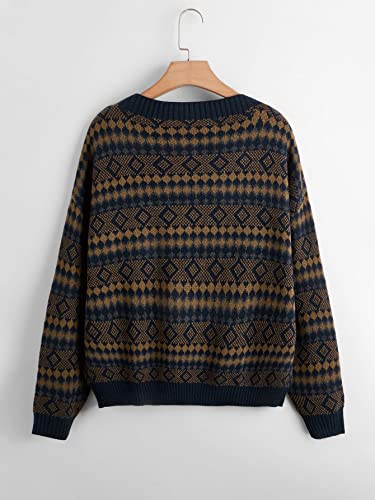 Makemechic Women's Plus Size Argyle Print Long Sleeve Vintage Pullover Sweater Multicolor 2Xl #TOP1